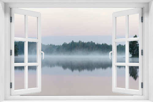 Fototapeta Naklejka Na Ścianę Okno 3D - morning fog in the forest lake