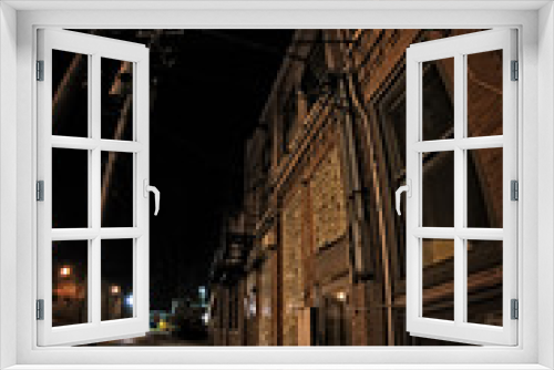 Fototapeta Naklejka Na Ścianę Okno 3D - Dark City Sidewalk and Building at Night