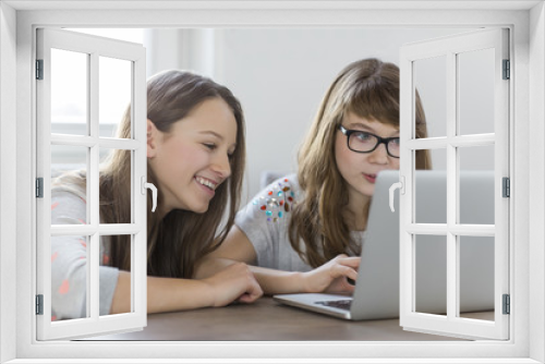 Sisters using laptop together at home