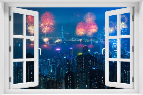 Fototapeta Naklejka Na Ścianę Okno 3D - Fireworks at victoria harbour, Victoria Peak, hong kong