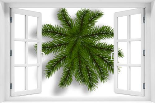 Fototapeta Naklejka Na Ścianę Okno 3D - Green fir with realistic shadow. View from above. Fir branches. Isolated on white background. Christmas illustration