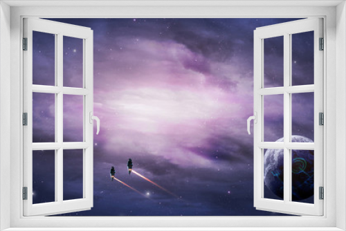 Fototapeta Naklejka Na Ścianę Okno 3D - Space background. Violet nebula with planet and two space ship. Elements furnished by NASA. 3D rendering