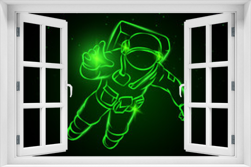 Fototapeta Naklejka Na Ścianę Okno 3D - Astronaut flying in space and catches the light in his hand. Green neon vector illustration spaceman on the star background.