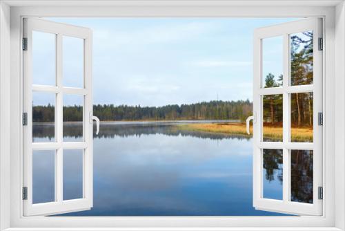 Fototapeta Naklejka Na Ścianę Okno 3D - Forest lake with flat calm water