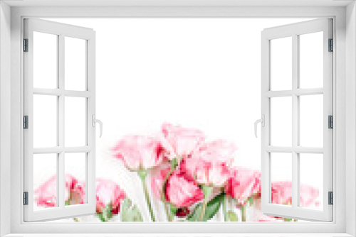 Fototapeta Naklejka Na Ścianę Okno 3D - Pink roses bouquet on white background. Flat lay, top view. Valentine's background.