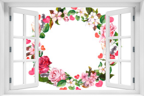 Fototapeta Naklejka Na Ścianę Okno 3D - Floral wreath - roses flowers, feathers, hearts. Watercolor round border for Valentine day, wedding