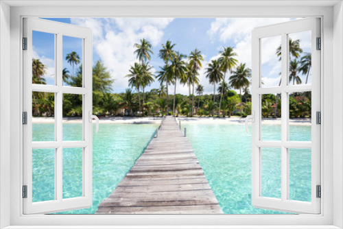 Fototapeta Naklejka Na Ścianę Okno 3D - paradise beach with turquoise water, wooden pier and tropical palm trees, summer holidays in Thailand, Koh Kood