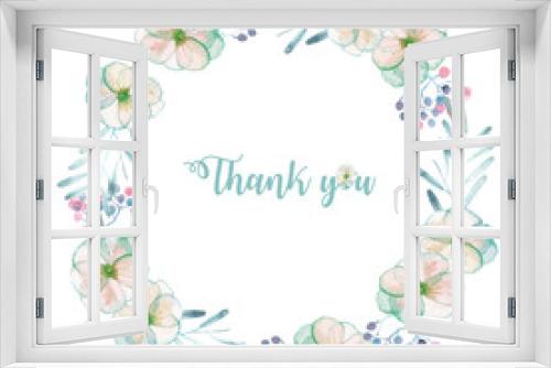 Fototapeta Naklejka Na Ścianę Okno 3D - Circle frame, border, wreath with watercolor tender apple tree flowers and leaves in pastel blue shades, hand drawn on a white background