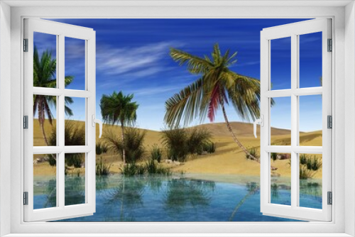 Fototapeta Naklejka Na Ścianę Okno 3D - Oasis in the desert. Palm trees around the lake.
