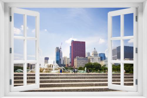 Fototapeta Naklejka Na Ścianę Okno 3D - Chicago downtown skyline view with staircase and Buckingham fountain in Grant Park on the foreground on a sunny summer day
