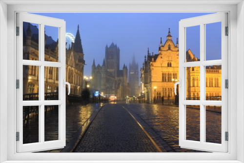 Fototapeta Naklejka Na Ścianę Okno 3D - Gent rainy night, Belgium