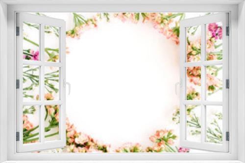 Fototapeta Naklejka Na Ścianę Okno 3D - Wreath frame made of wildflowers. Flat lay, top view. Valentine's background