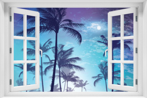 Fototapeta Naklejka Na Ścianę Okno 3D - Silhouette of palm tree in moonlight. Vector illustration