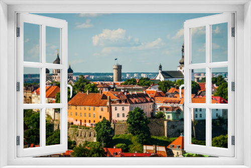 View of the Old Town of Tallinn from St. Olaf's Church Tower in sunny day. Tallinn, Estonia.