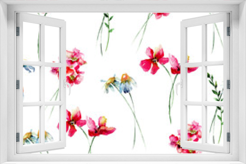 Fototapeta Naklejka Na Ścianę Okno 3D - Seamless wallpaper with Stylized wild flowers