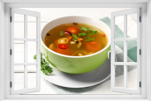 Fototapeta Naklejka Na Ścianę Okno 3D - Bowl with fresh vegetable soup on napkin