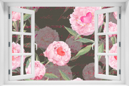 Fototapeta Naklejka Na Ścianę Okno 3D - Peony flowers, hearts. Seamless floral pattern. Watercolor