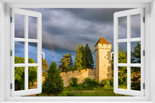 Fototapeta Naklejka Na Ścianę Okno 3D - Old city wall and towers with rainbow in Luzern, Switzerland