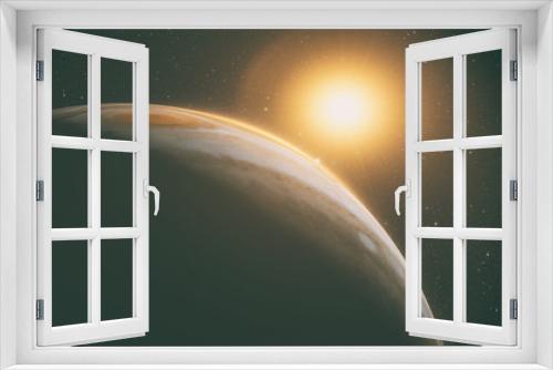 Fototapeta Naklejka Na Ścianę Okno 3D - jupiter and moon io with beautiful sunset. Check my gallery for other sunsets and 
sunrises in space. Elements of this image furnished by NASA