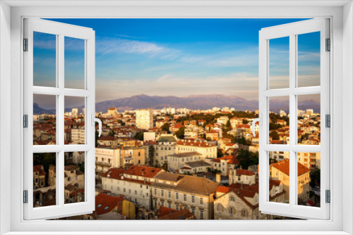 Fototapeta Naklejka Na Ścianę Okno 3D - View over the red roofs of houses, Split, Croatia, Dalmatia with Mosor mountain in background