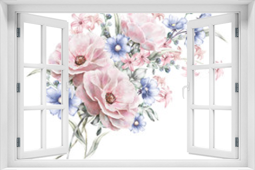Fototapeta Naklejka Na Ścianę Okno 3D - watercolor flowers. floral illustration in Pastel colors  rose. bunch of pink, blue flowers isolated on white background. herbs, Leaf. Cute composition for wedding or greeting card. romantic bouquet