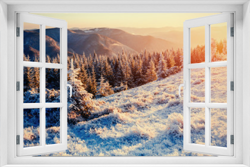 Fototapeta Naklejka Na Ścianę Okno 3D - Fantastic winter landscape in the mountains. Magical sunset in a