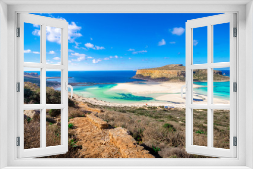 Fototapeta Naklejka Na Ścianę Okno 3D - Amazing panorama of Balos Lagoon with magical turquoise waters, lagoons, tropical beaches of pure white sand and Gramvousa island on Crete, Greece