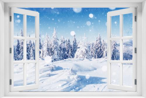 Fototapeta Naklejka Na Ścianę Okno 3D - winter landscape trees and fence in hoarfrost, background with s