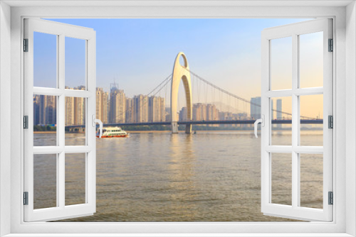 Fototapeta Naklejka Na Ścianę Okno 3D - Modern bridge in Zhujiang River and modern building of financial district in guangzhou city, China