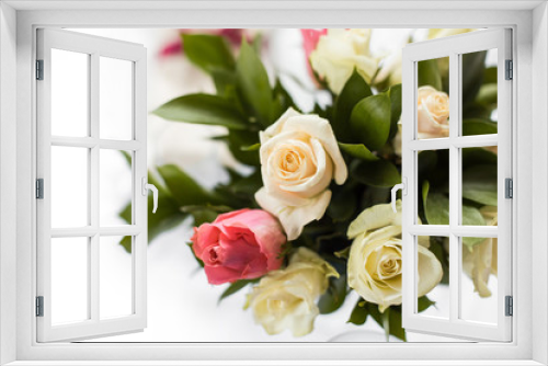 Fototapeta Naklejka Na Ścianę Okno 3D - fresh bright blooming roses flowers with dew drops on petals. white and pink bud