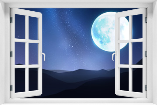 Fototapeta Naklejka Na Ścianę Okno 3D - Big blue moon in night sky over mountain. Vector illustration.