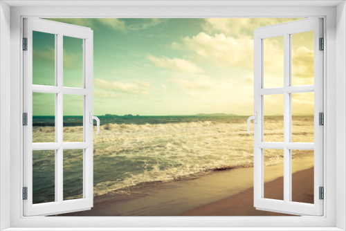 Fototapeta Naklejka Na Ścianę Okno 3D - Vintage sea and blue sky clouds on beach in summer.