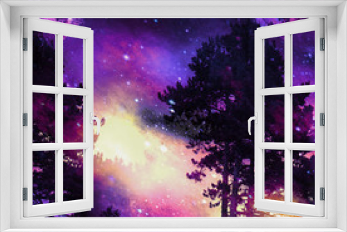 Fototapeta Naklejka Na Ścianę Okno 3D - Imaginary forest landscape at sunrise with stars, dramatic clouds and silhouettes of trees. Blue, red, yellow, black and purple wild landscape with conifers