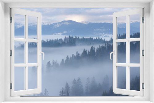 Fototapeta Naklejka Na Ścianę Okno 3D - Mountain landscape with fir forest and fog