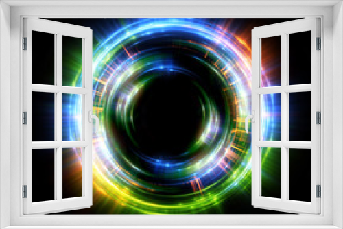 Fototapeta Naklejka Na Ścianę Okno 3D - Abstract neon background. luminous swirling. Glowing spiral cover. Black elegant. Halo around. Power isolated. Sparks particle. Space tunnel. Glossy jellyfish. LED color ellipse. Glint glitter