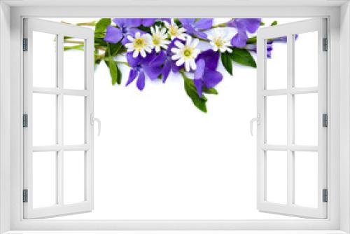 Fototapeta Naklejka Na Ścianę Okno 3D - Bouquet of periwinkle (Vinca minor, lesser periwinkle, creeping myrtle) and Stellaria holostea (or starwort, stitchwort, chickweed) on a white background with space for text. Top view, flat lay