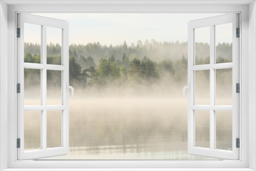 Fototapeta Naklejka Na Ścianę Okno 3D - Foggy forest and lake at dawn 