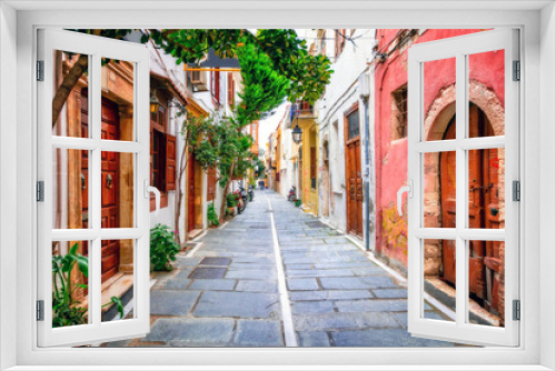 Fototapeta Naklejka Na Ścianę Okno 3D - Charming streets of old town in Rethymno.Crete island, Greece