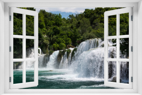Fototapeta Naklejka Na Ścianę Okno 3D - Foamy waterfall rapids falling down by cascades of waterfall Skradinski Buk on a sunny day. Krka National Park, Croatia.