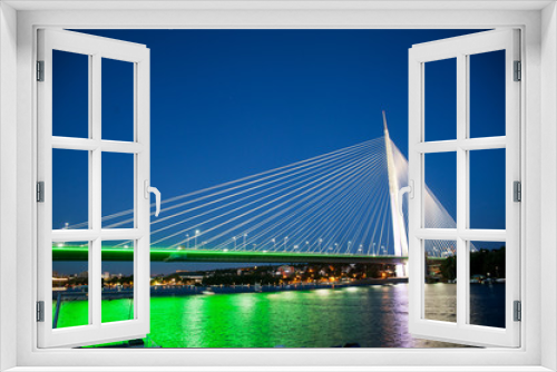 Fototapeta Naklejka Na Ścianę Okno 3D - Abstract image - Suspension Bridge night lights. Dusk Skyline