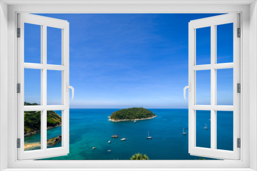 Fototapeta Naklejka Na Ścianę Okno 3D - High angle view beautiful landscape of the island and Andaman sea from Windmill viewpoint is a famous attractions of Phuket Province in Thailand