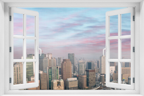 Fototapeta Naklejka Na Ścianę Okno 3D - Amazing panoramic sunset view of Osaka skyline, Japan, All ads removed