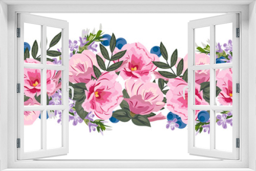Fototapeta Naklejka Na Ścianę Okno 3D - Seamless floral border with cute pink flowers. Hand-drawn pattern on white  background. Design element for cards, invitations, wedding, congratulations.