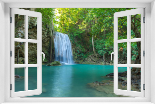 Fototapeta Naklejka Na Ścianę Okno 3D - Waterfall in Deep forest at Erawan waterfall National Park,