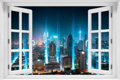 Fototapeta Naklejka Na Ścianę Okno 3D - The network light came out from the ground ,modern city with wireless network connection concept , abstract communication technology image visual .