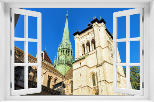 Steeple of St Pierre Cathedral in old town in Geneva