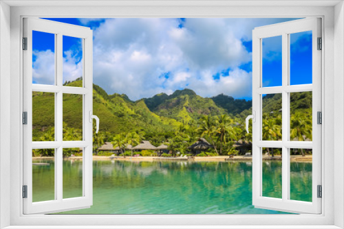 Fototapeta Naklejka Na Ścianę Okno 3D - Island of Moorea in the French Polynesia with her exuberant vegetation, turquoise lagoon, bungalow and mountains.