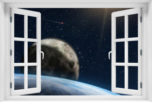 Fototapeta Naklejka Na Ścianę Okno 3D - Fantasy composition of the planet Earth and his natural satellite, the Moon, with a shiny Sun in a field of stars with a comet. Elements of this image furnished by NASA.