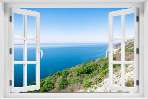 Fototapeta Naklejka Na Ścianę Okno 3D - Blue ocean, cliff and trees in the Mediterranean. Sunny day on sea