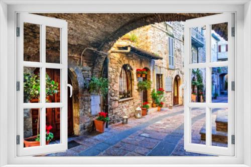 Fototapeta Naklejka Na Ścianę Okno 3D - Charming old street of medieval towns of Italy, Umbria region